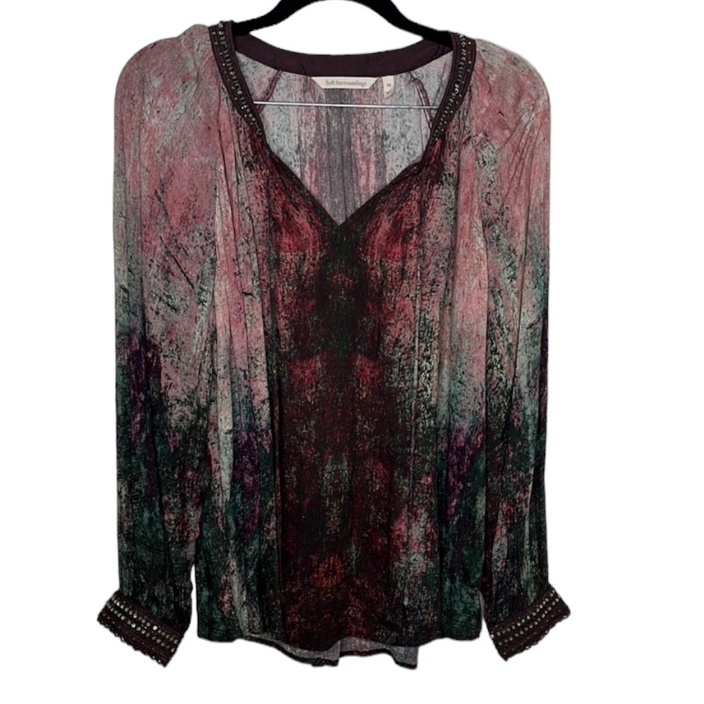 Soft Surroundings Purple Abstract Sequin Long Sleeve Blouse Women's Sz XS